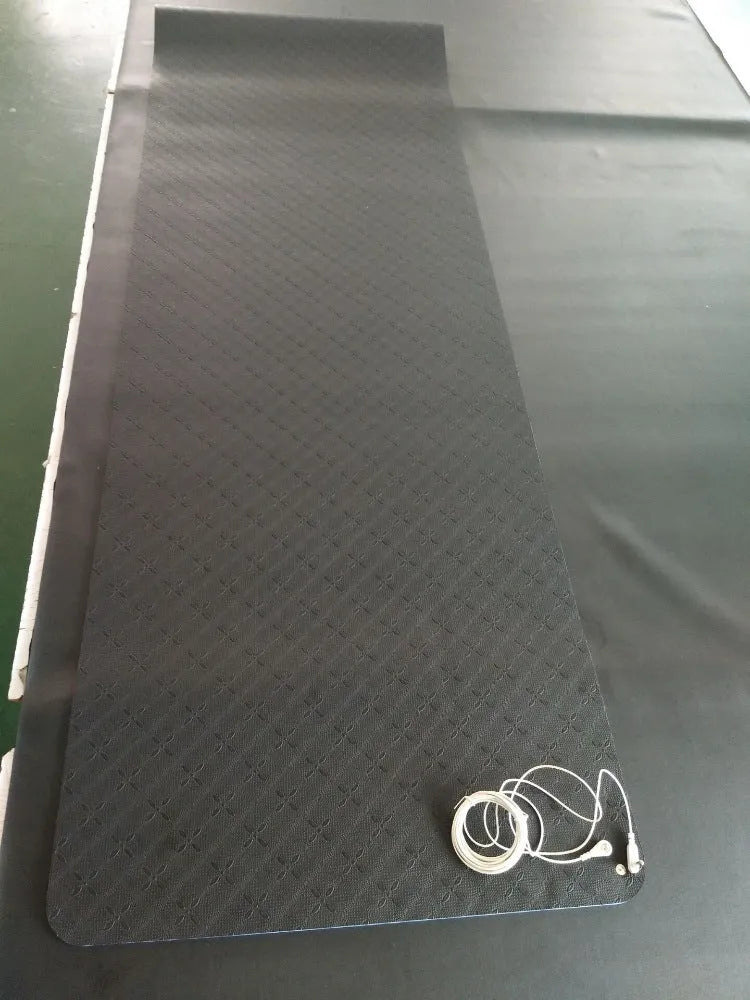 Blue conductive yoga mat with grounding wire, plant and flower pattern, 182x61cm dimensions