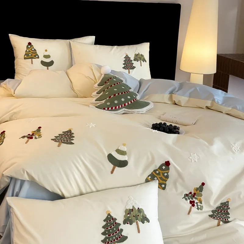 Christmas tree embroidered cotton duvet cover set with pillowcases in cream blue colour
