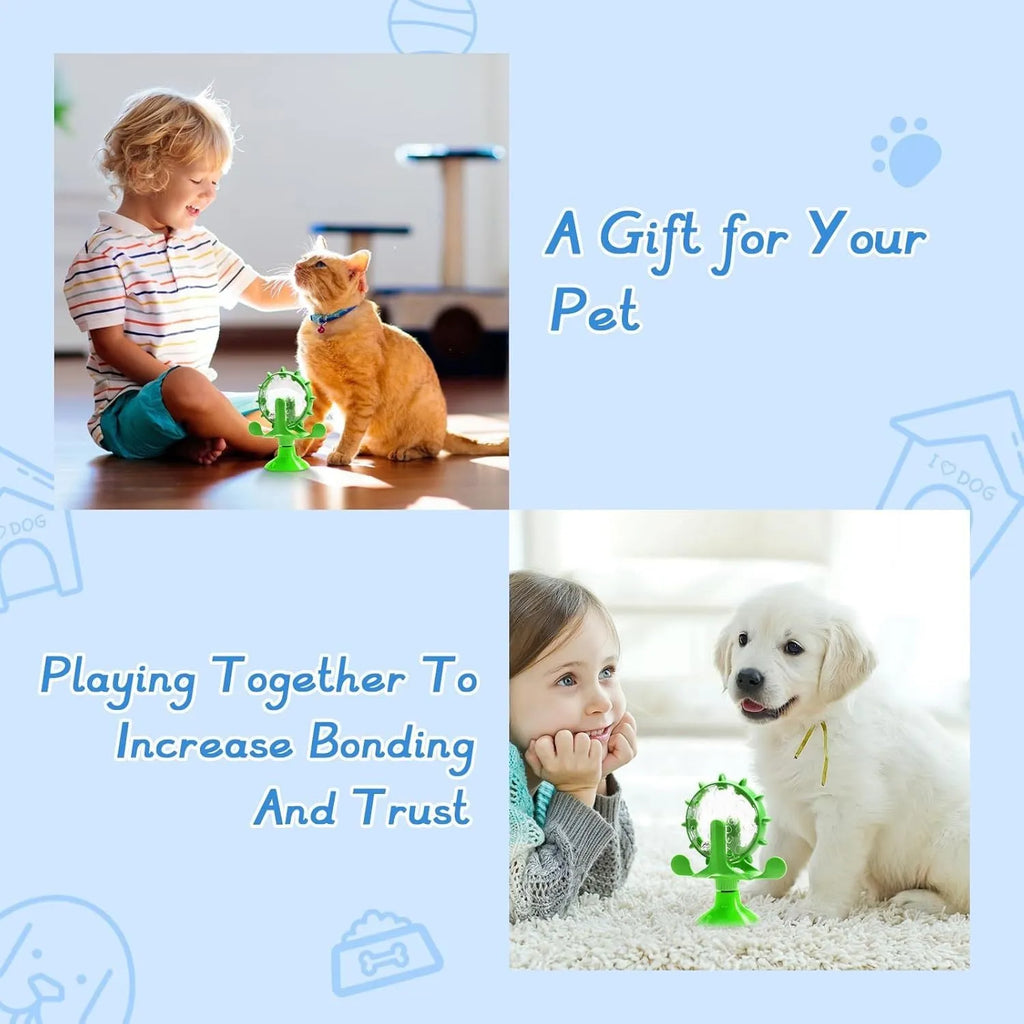 Interactive cat puzzle toy with rotating snack dispenser in blue, green, red, or yellow colours