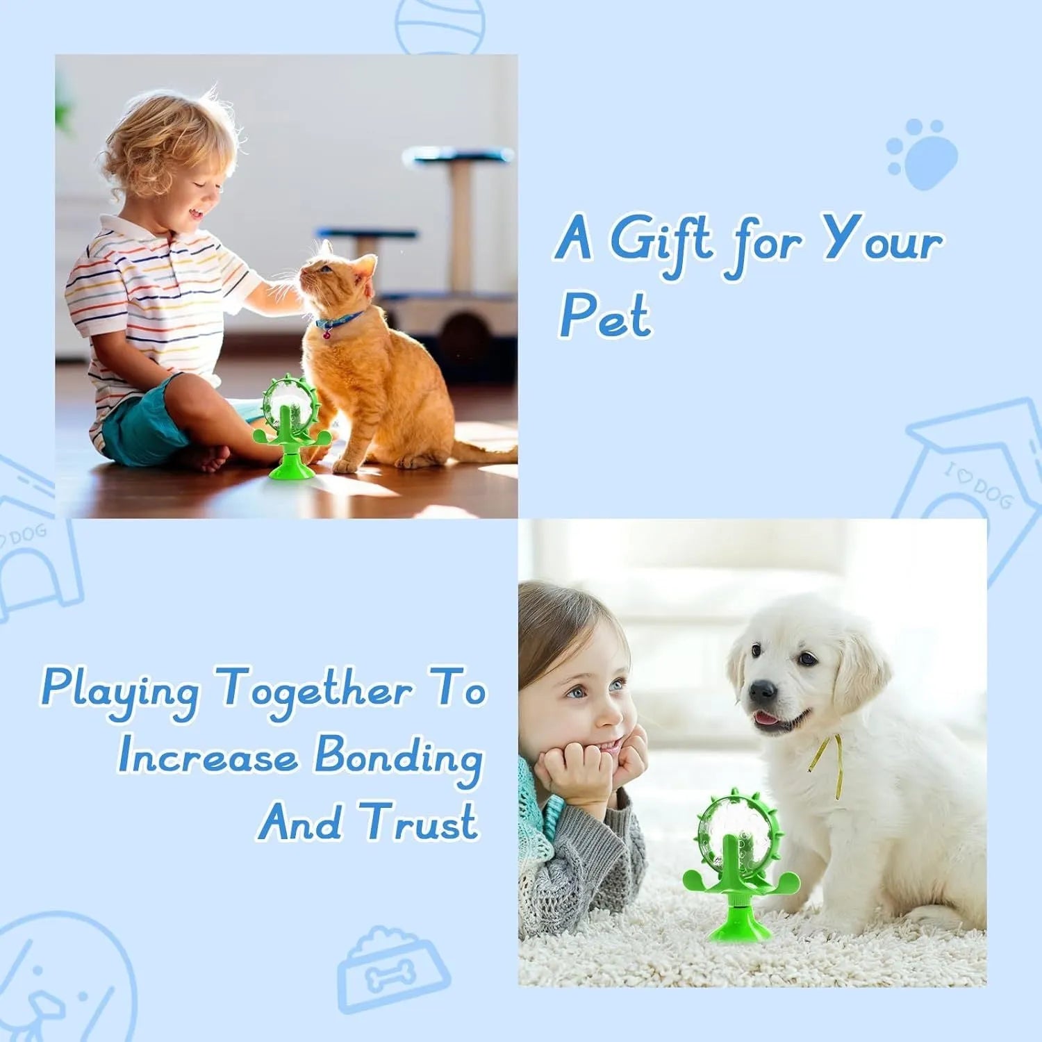 Interactive cat puzzle toy with rotating snack dispenser in blue, green, red, or yellow colours