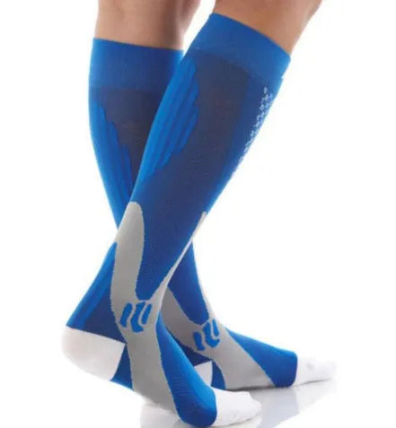 Graduated athletic compression socks for men and women in various colours and sizes.