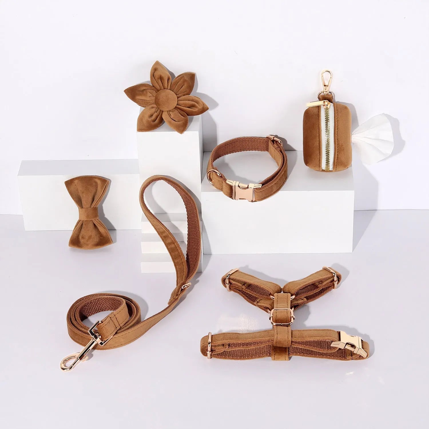 Classic velvet pet collar and traction rope harness set with decorative bow tie and flower for dogs and cats