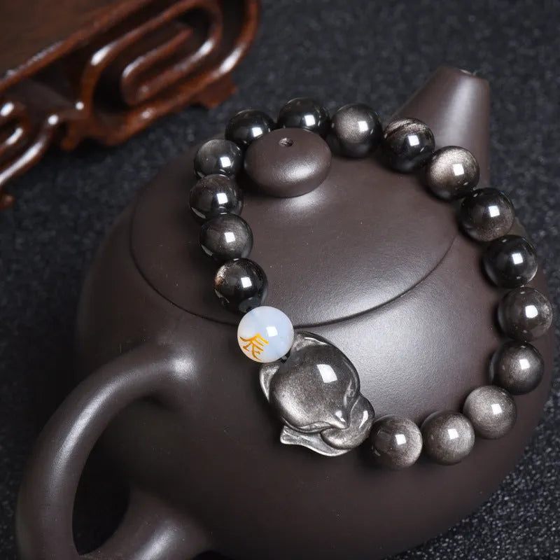 Natural obsidian zodiac guardian bracelet with 10mm beads in three style variations
