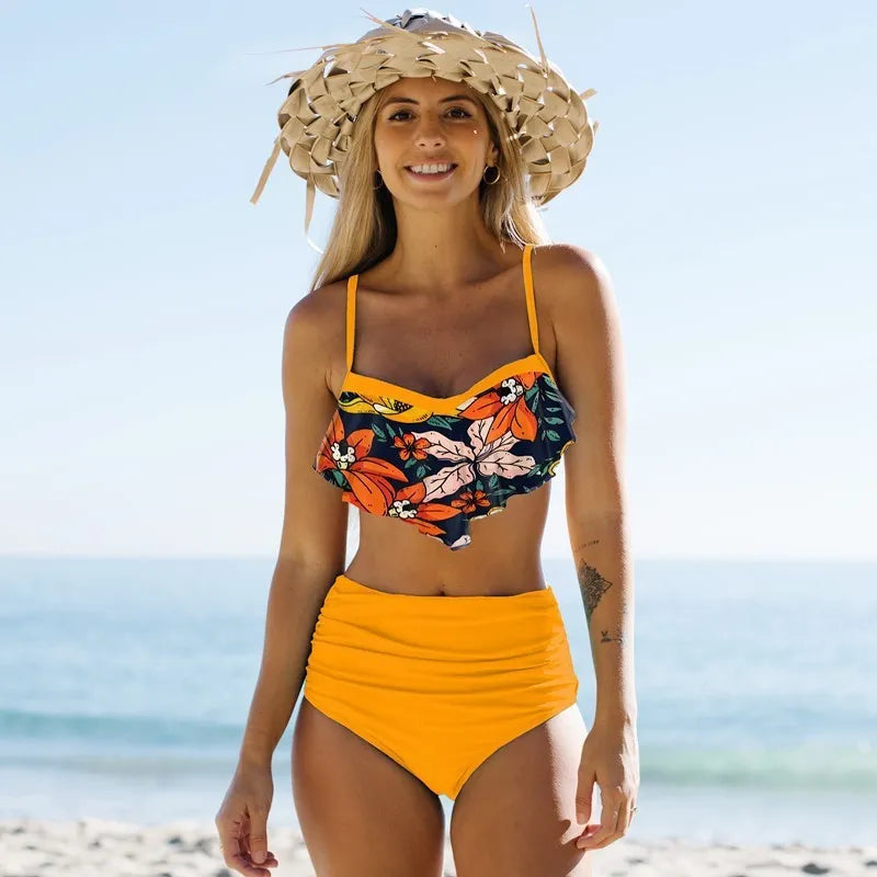 Blue and green high-waisted floral pleated pants women's swimsuit set for swimming and fitness.