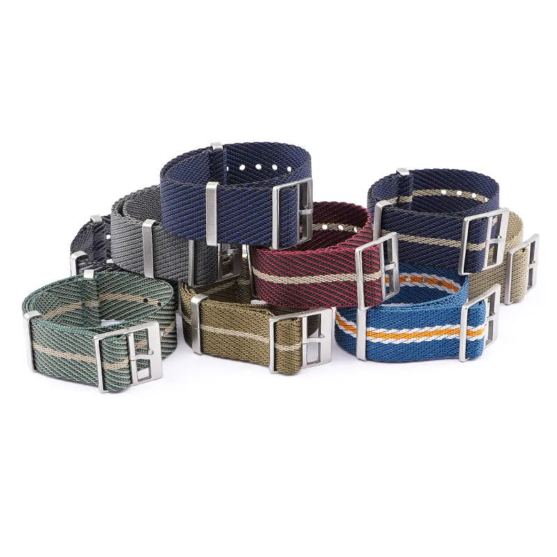Nylon woven canvas watch strap with silver buckle in blue white colour, 22mm width on a watch