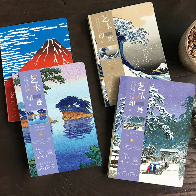 Ukiyo-e Kanagawa surfing village retro hand ledger notebook open on a desk.