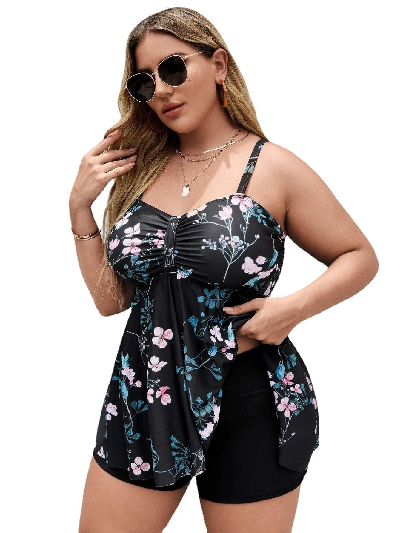 Women's floral print one-piece swimsuit in split colours with extended sizing options