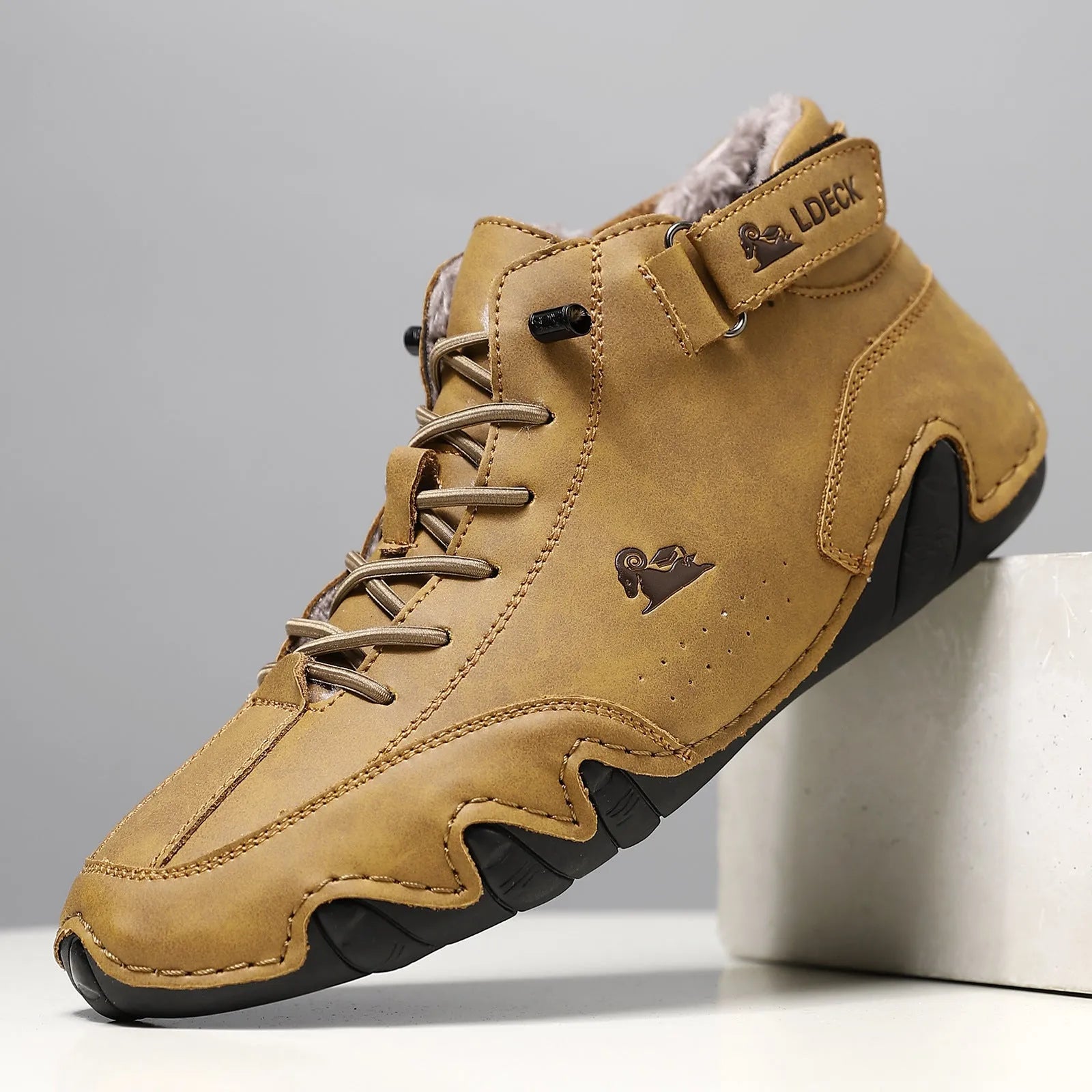 Winter fleece-lined large size men's Martin boots, microfiber upper, rubber sole, flat heel, round toe, long pile colour option