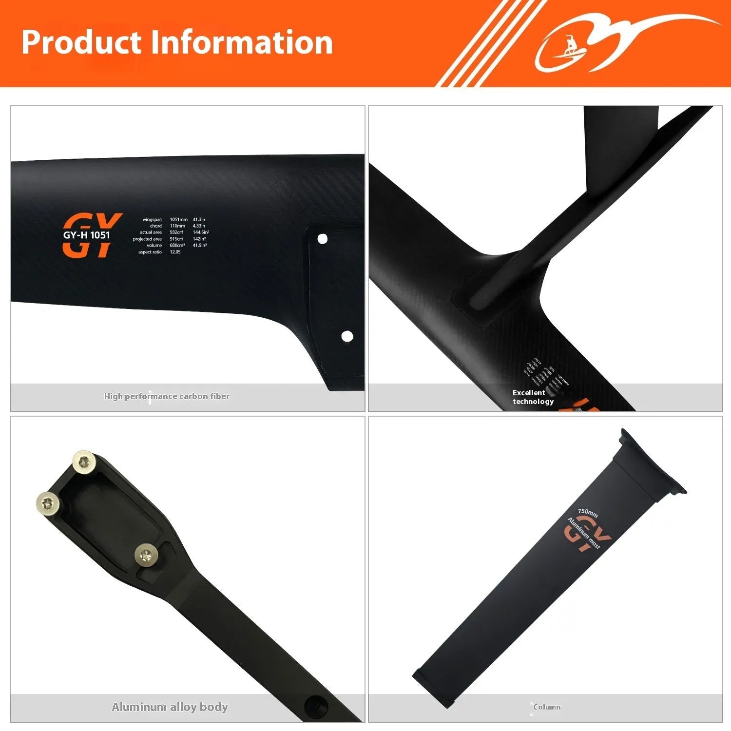 Black carbon fibre racing hydrofoil surfboard with 1051mm front wing, complete set for professional surfing