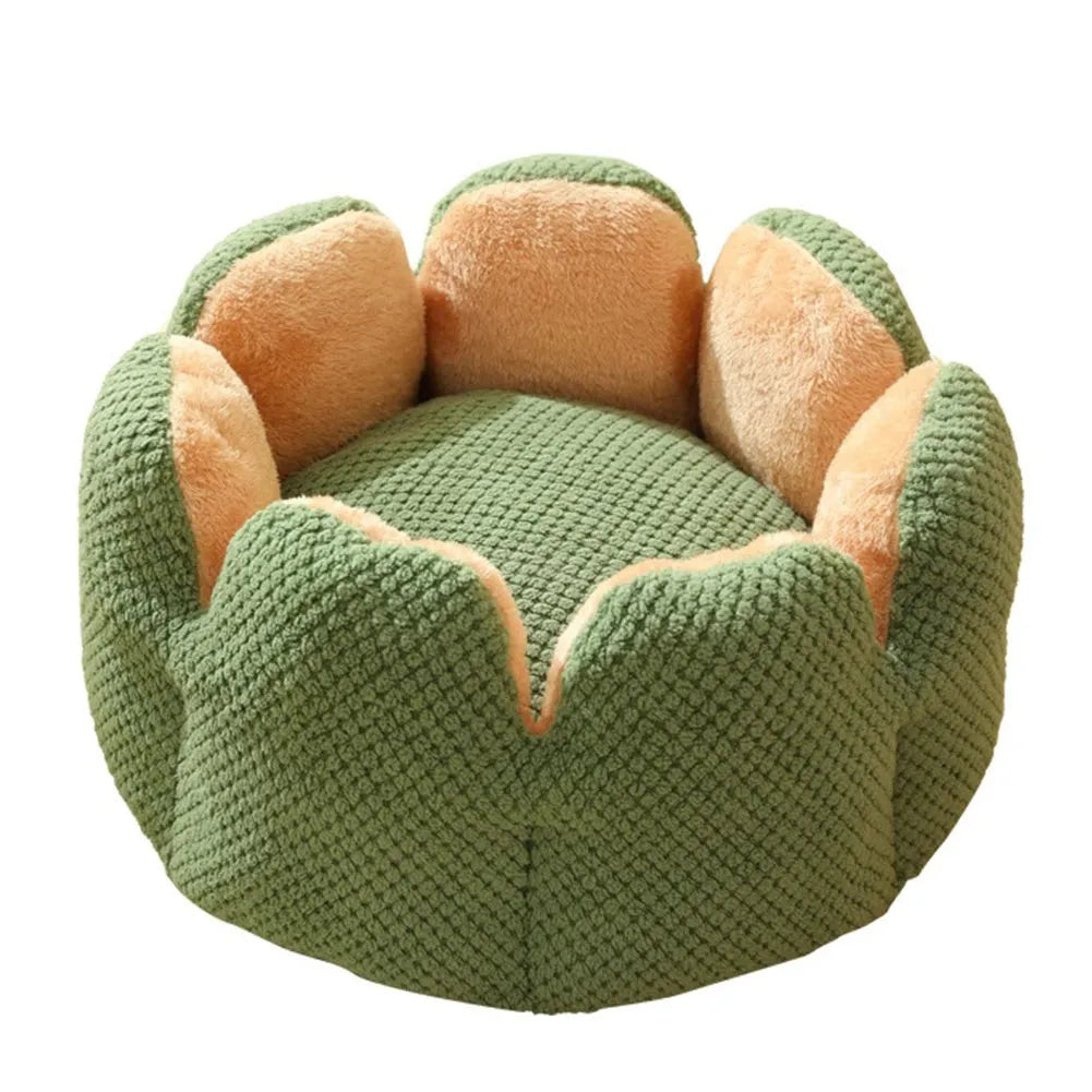 Green enclosed pet bed with cactus petal shaped opening and soft plush fabric