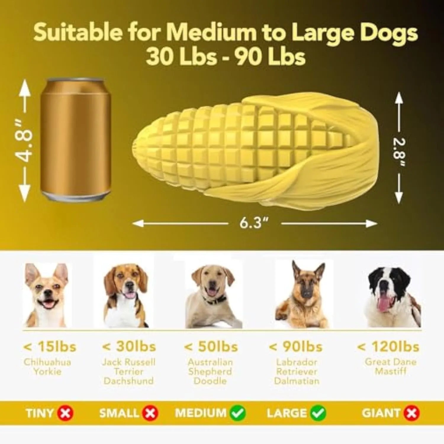 Corn stick shaped dog chew toy for medium and large breeds with textured surface