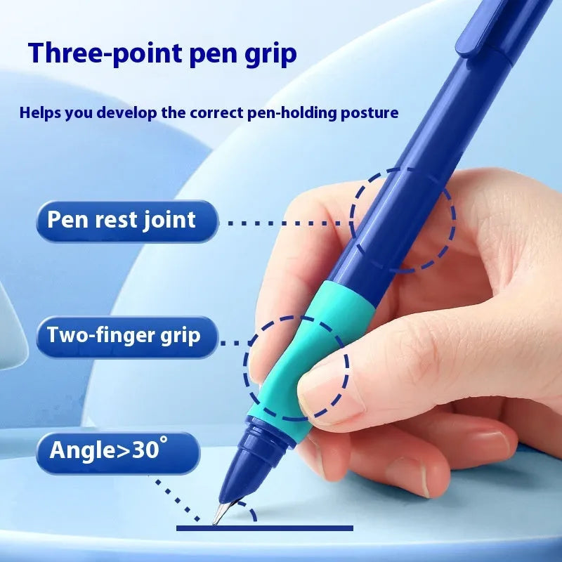 Student posture correction pen with triangular grip in blue, green, purple, and orange colours