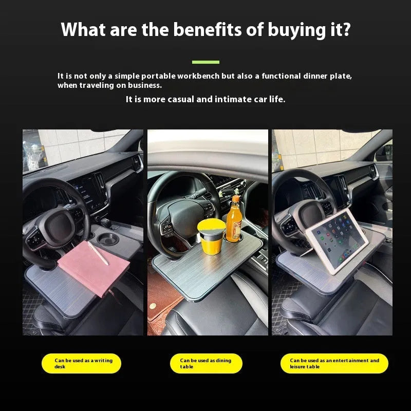 Foldable black car tray stand with cup holder on a car passenger seat