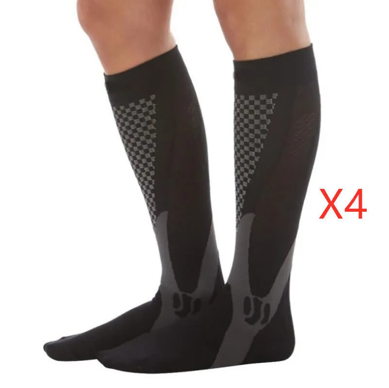 Graduated athletic compression socks for men and women in various colours and sizes.