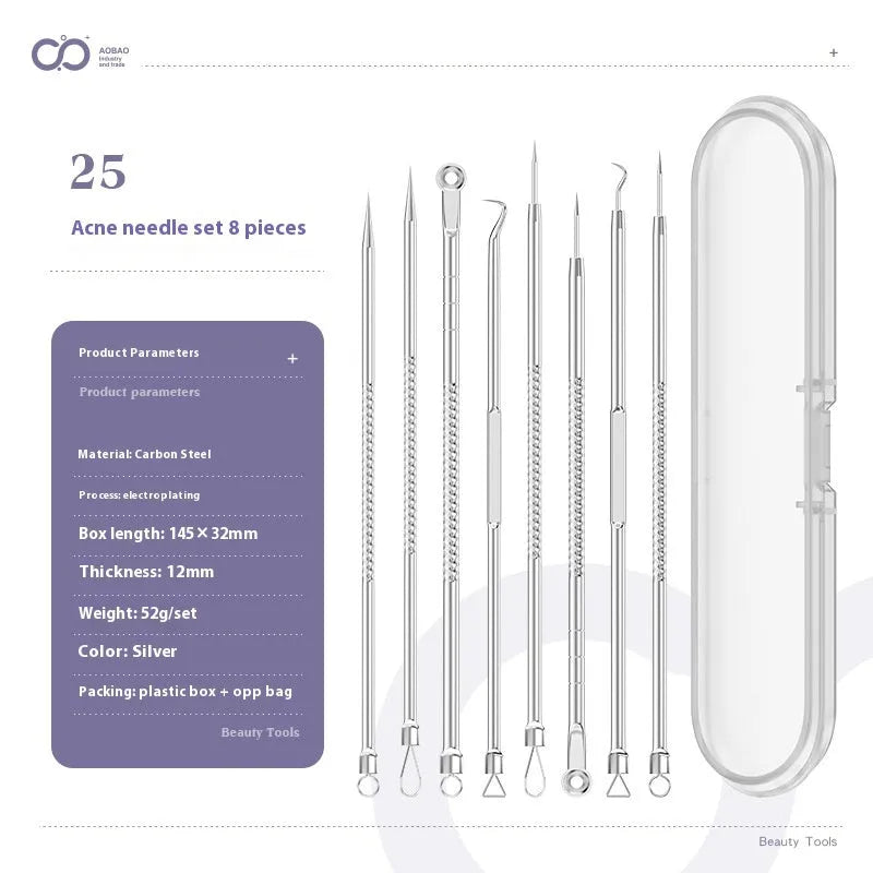 Four silver metal acne needles with ultra-fine pointed tips for skincare extraction.