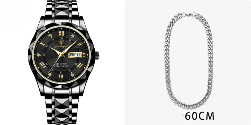 Men's waterproof double calendar luminous quartz watch with stainless steel strap and black dial