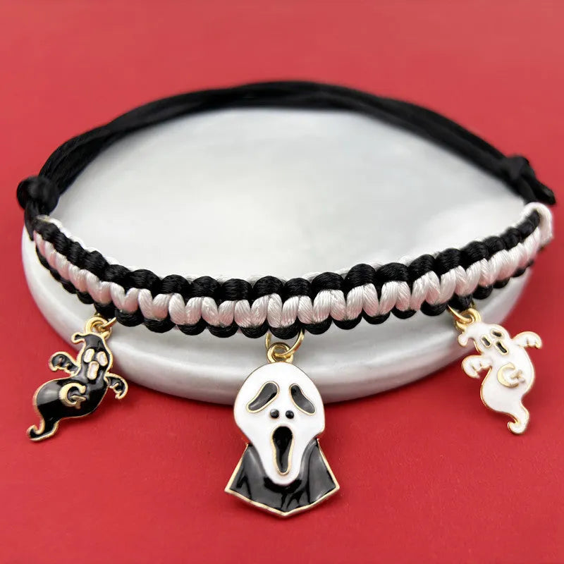Zinc alloy hand-woven Halloween pet collar with geometry pattern, adjustable 15-38cm, black and orange pumpkin bat style