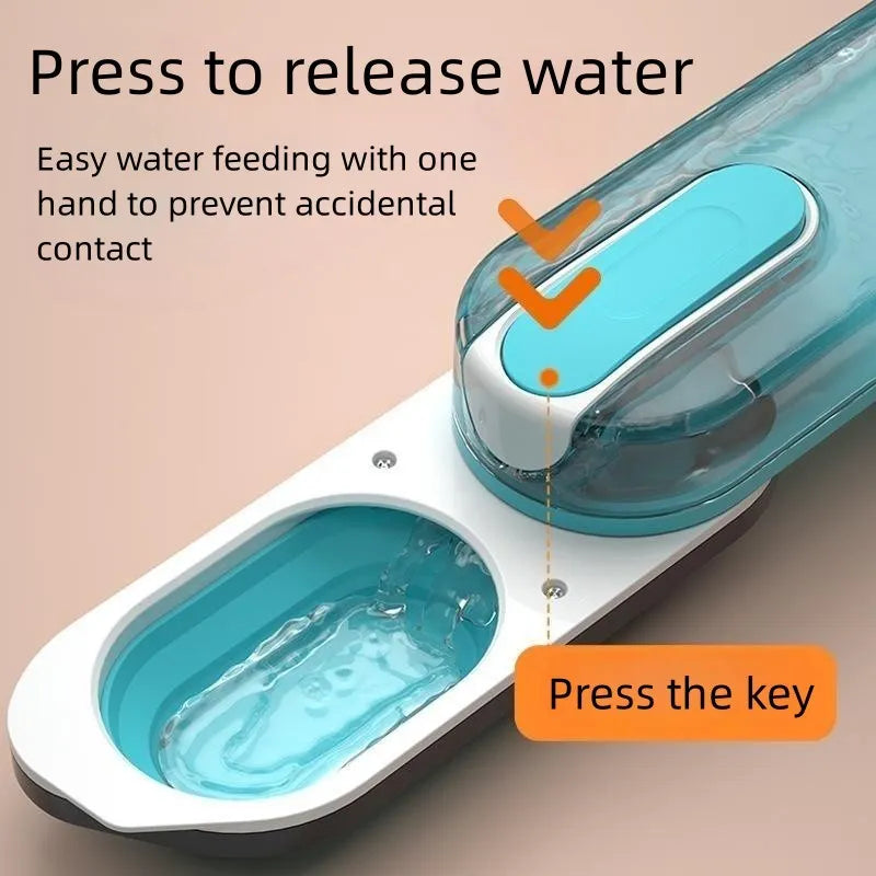 Blue portable dog water bottle with attached foldable silicone drinking bowl for outdoor use.