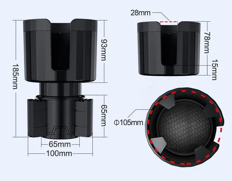 Matte black adjustable car cup holder expander for oversized drink bottles and thermoses