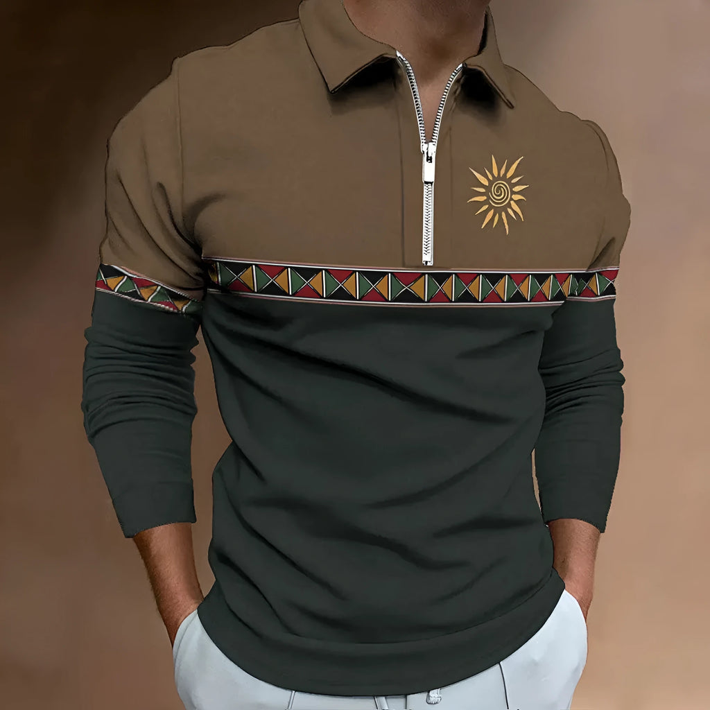 Men's loose fit long sleeve t-shirt with retro stripe printing and zipper detail.