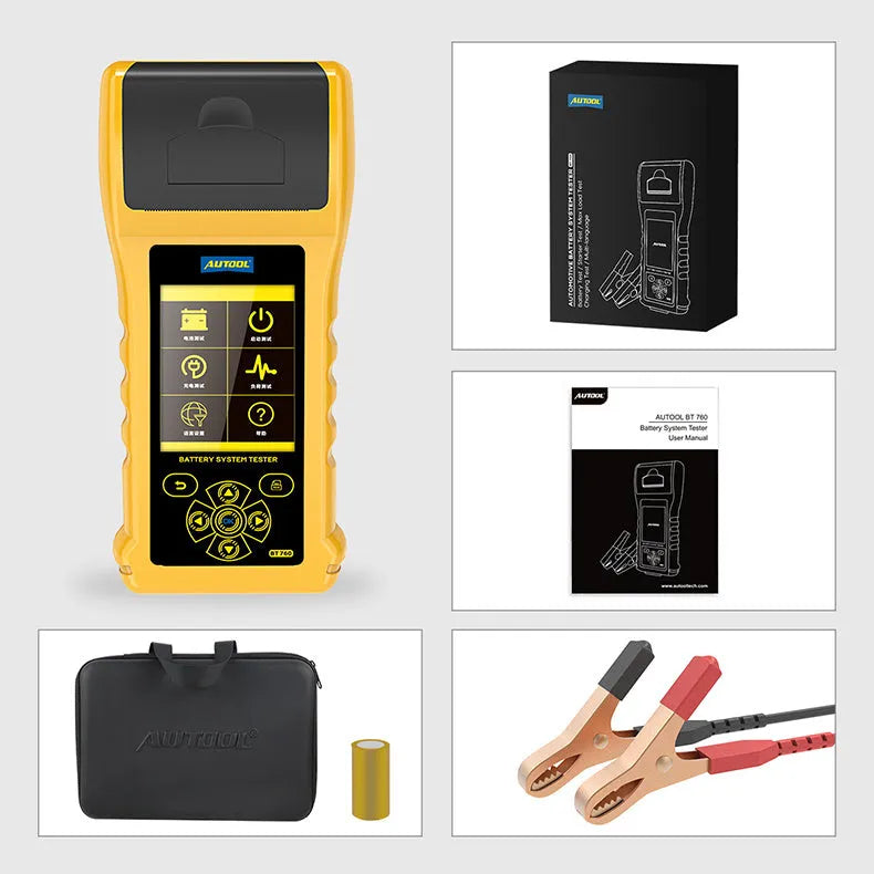 Autool BT760 colour screen car battery tester with clip leads and printed diagnostic receipt.