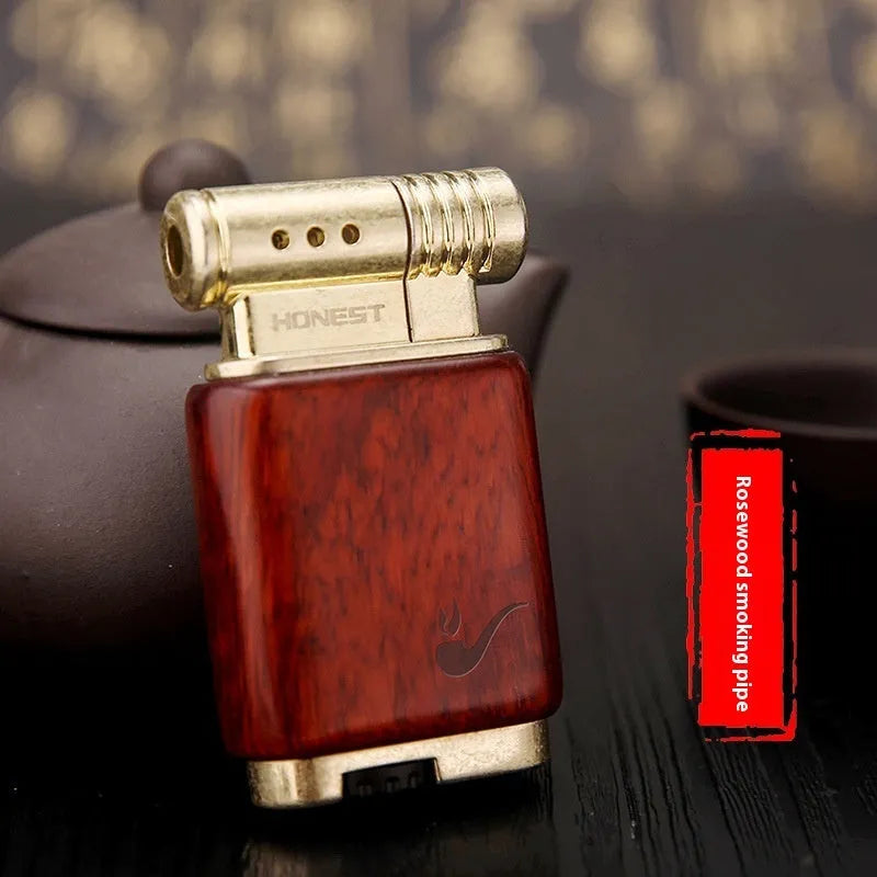 Ebony gas lighter with metal construction and decorative wood finish options