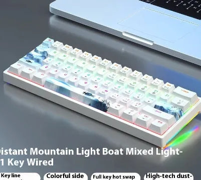 Bluish-black 61-key mechanical keyboard with hot-swappable switches on a desk