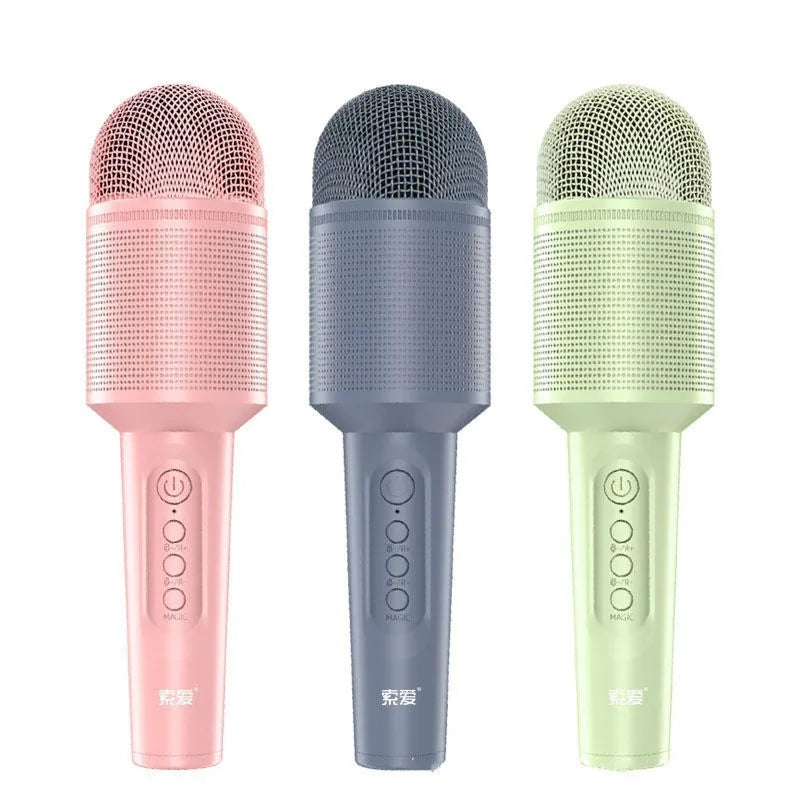 Bluetooth karaoke microphone with integrated speaker in pink, blue, or green colour.