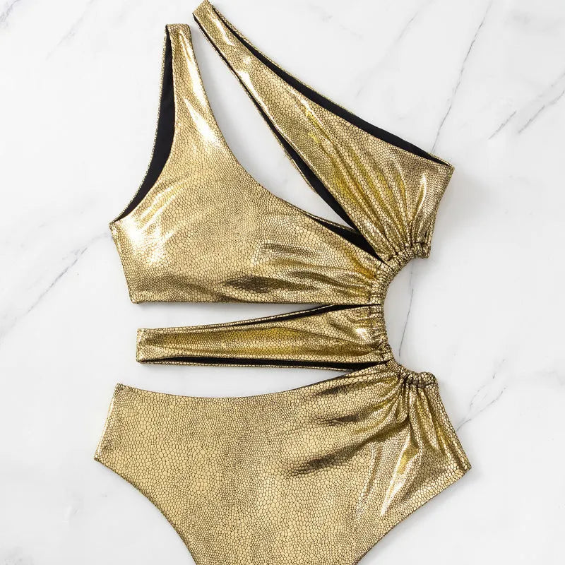 Gold backless one-piece swimsuit for women with spandex lining