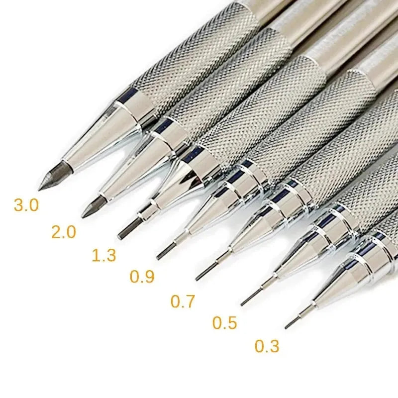 Metal automatic mechanical pencil showing multi-size lead compatibility for 0.5mm, 0.7mm, 0.9mm, 1.3mm and 2.0mm diameters