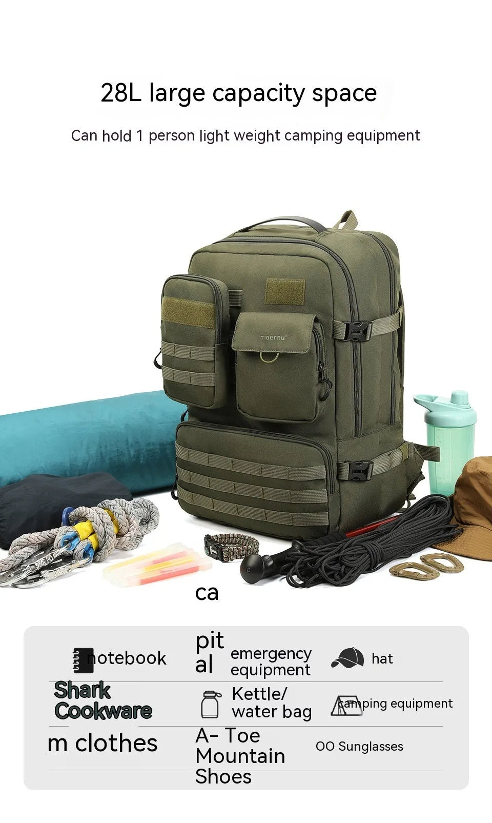 Army Green 17-inch tactical backpack with 20-35 litre capacity for outdoor use