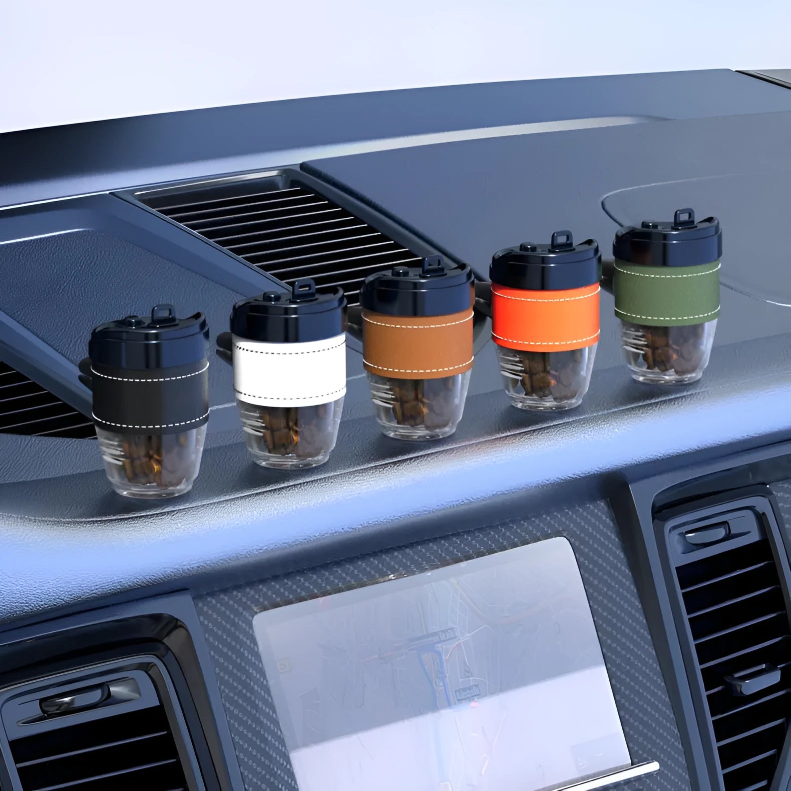 Solid plastic car air freshener shaped like a coffee cup in various colours.