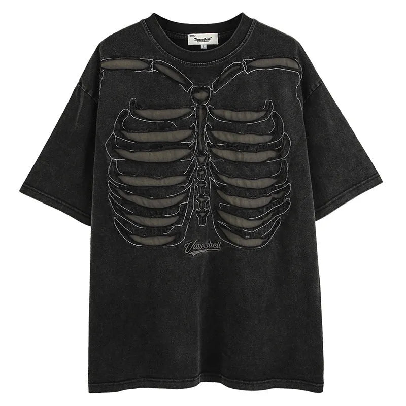 Skull pattern short sleeve pullover with drop shoulder sleeves and loose fit styling