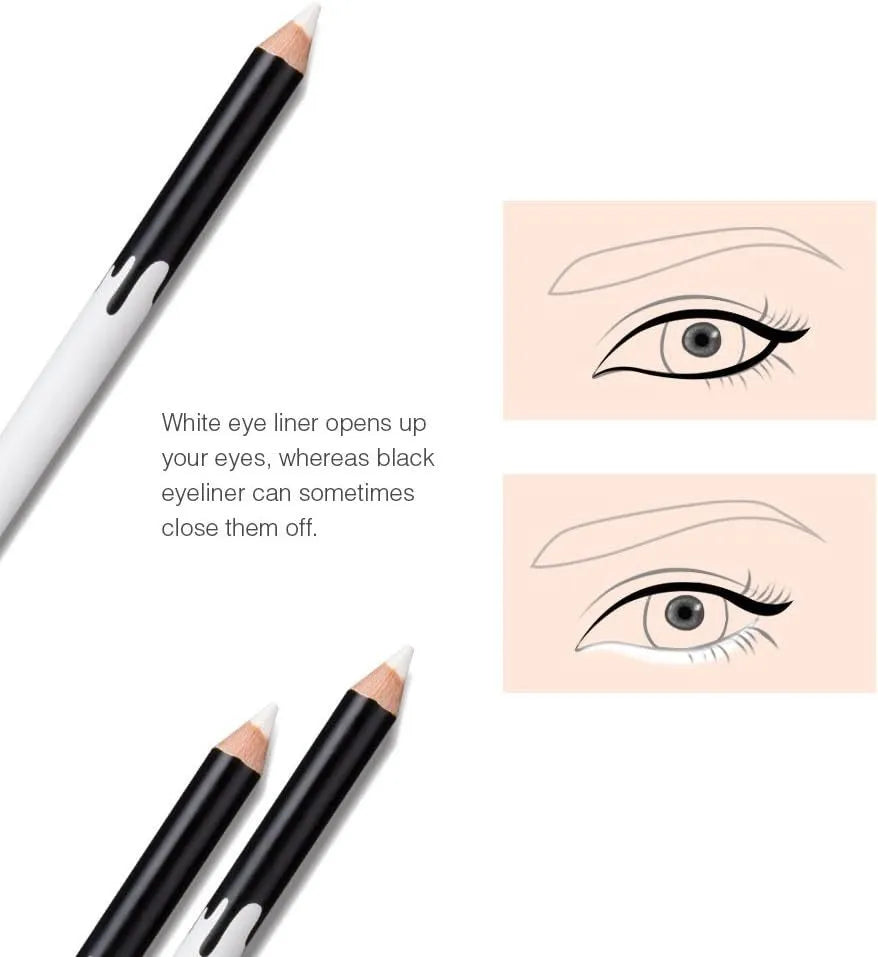 12 white and black waterproof eyeliner pencils with a sharpener arranged on a white background.