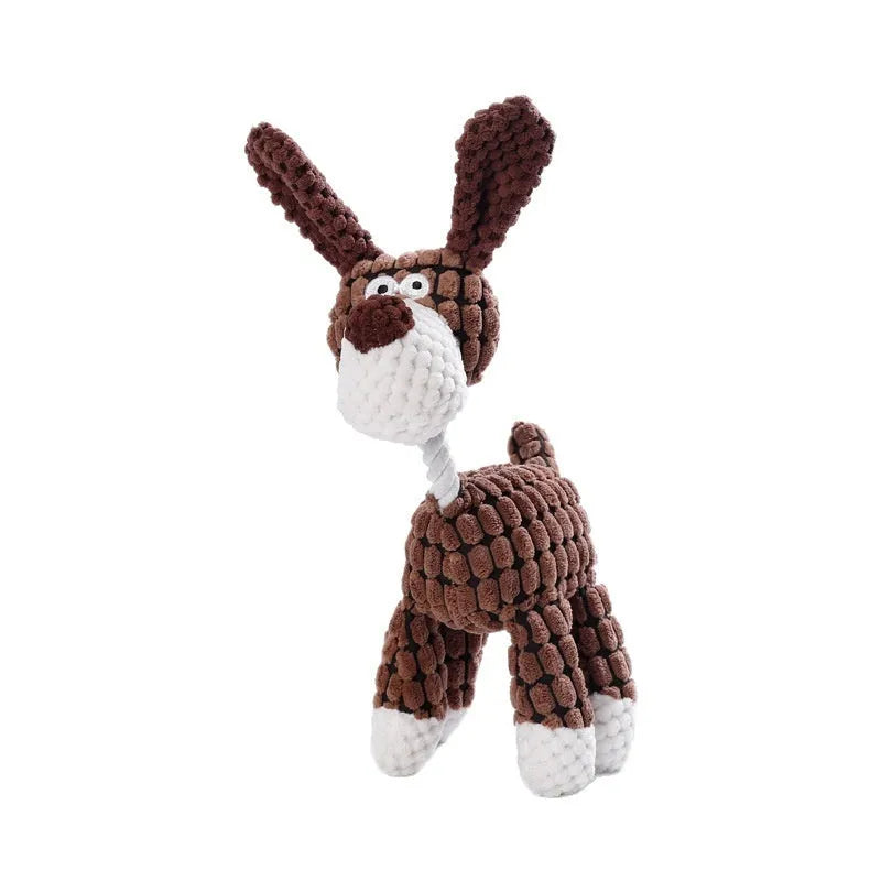 Plush pet chew toy in donkey design with pink grey colour for puppy bite relief