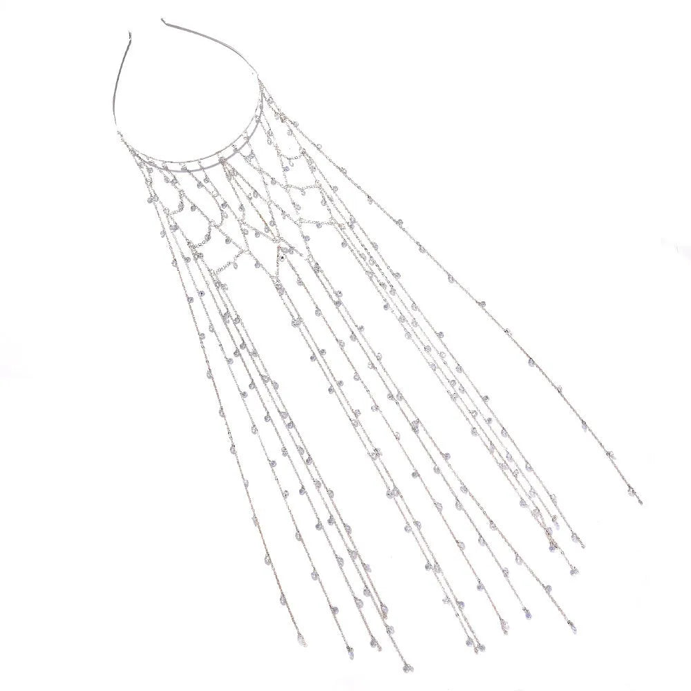Gold rhinestone headband with dangling tassel mesh for formal hairstyles.