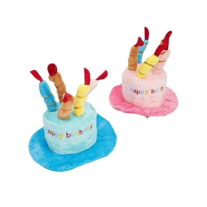 Small dog birthday hat in soft fabric with elastic band, blue and pink colour options