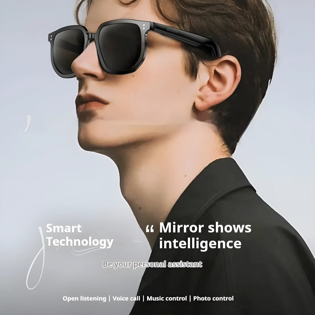 Black AI smart glasses with Bluetooth audio and sunglass lenses on a head-mounted display.
