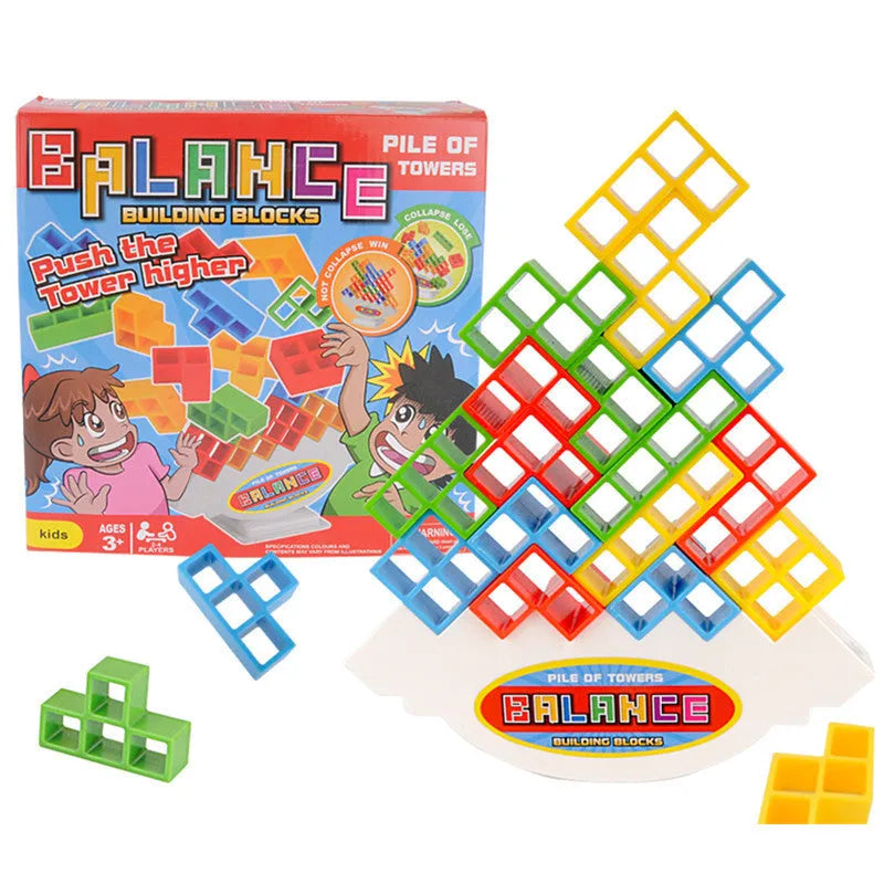 Balance stacking game with 16 plastic building blocks, chassis, and base on a table