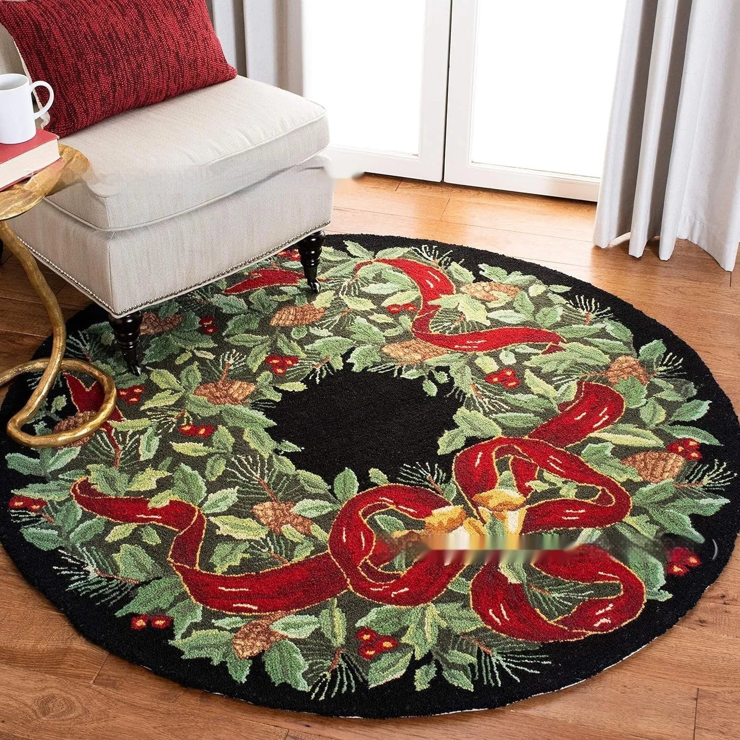 Christmas printed polyester carpet in square format with festive blanket design