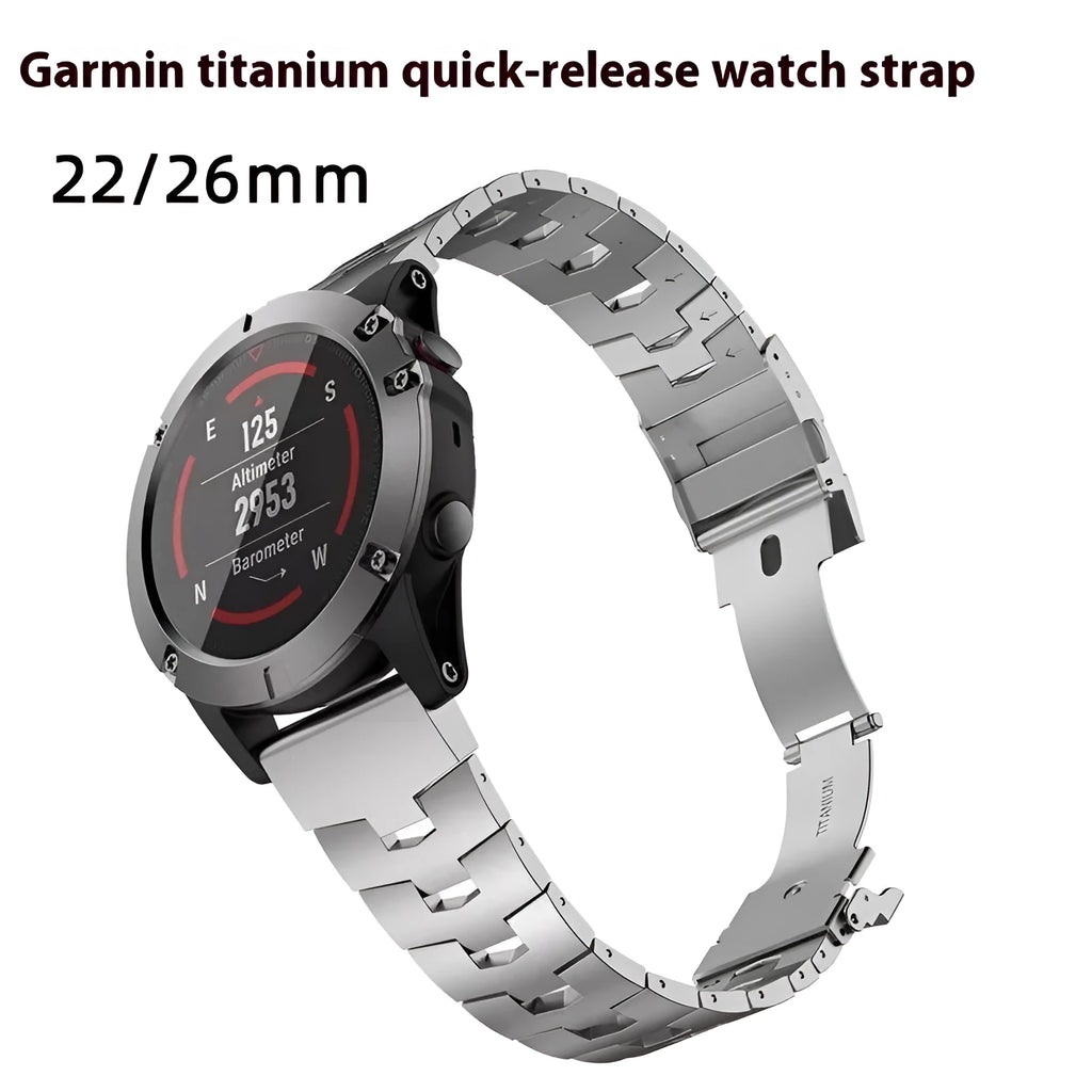 Garmin Jiaming watch replacement strap in black, silver, or titanium colour, showing 22mm and 26mm size options.