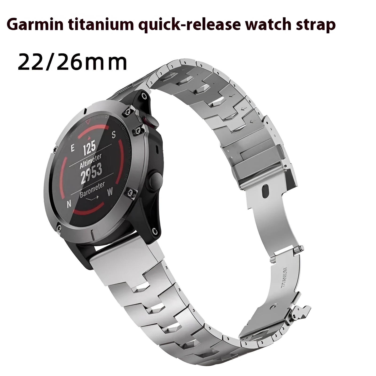 Garmin Jiaming watch replacement strap in black, silver, or titanium colour, showing 22mm and 26mm size options.