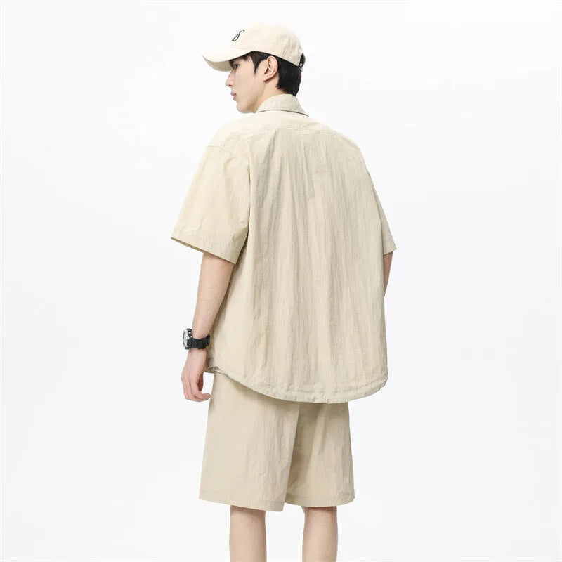 Men's loose casual shirt and shorts two-piece set in khaki, with nylon fabric, front view