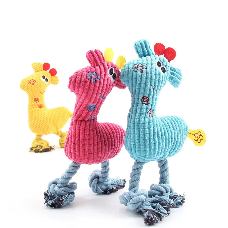 Deer-shaped blue plush dog toy with corn grain texture and squeaker sound