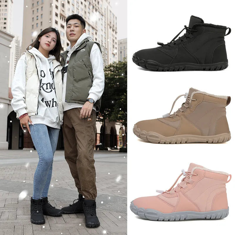 Unisex waterproof snow boots with fleece lining and a black rubber sole on a snowy background.