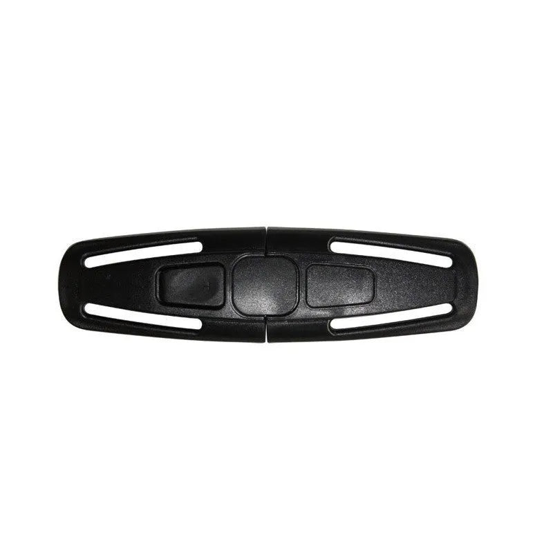 Black nylon seat belt buckle clip for child car seat harness, dimensions 14.5cm by 4cm.