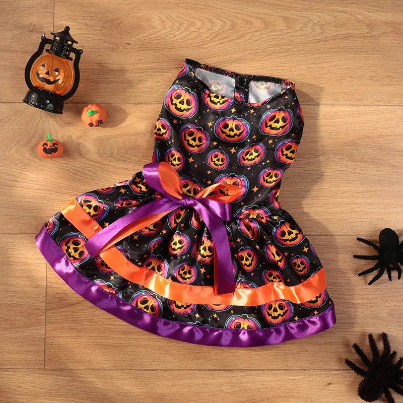 Colourful Halloween dog skirt with pumpkin or skull design, double-layer polyester construction