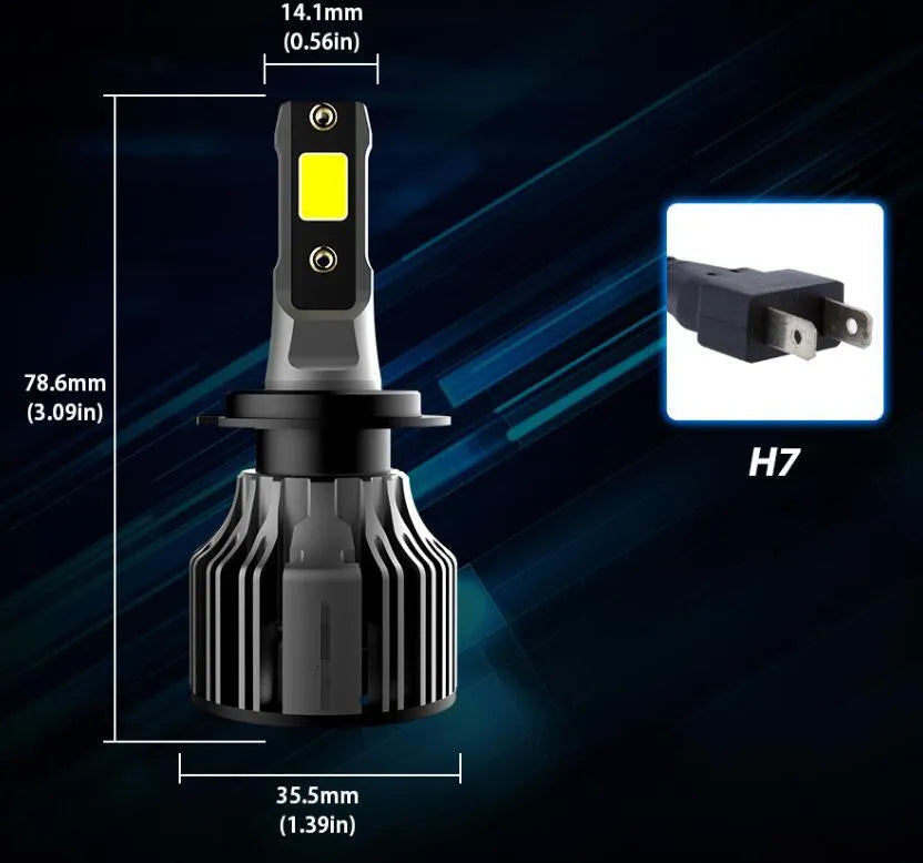 6000K white LED car headlight bulb kit showing compact size and connector for H7 H11 9005 fitments