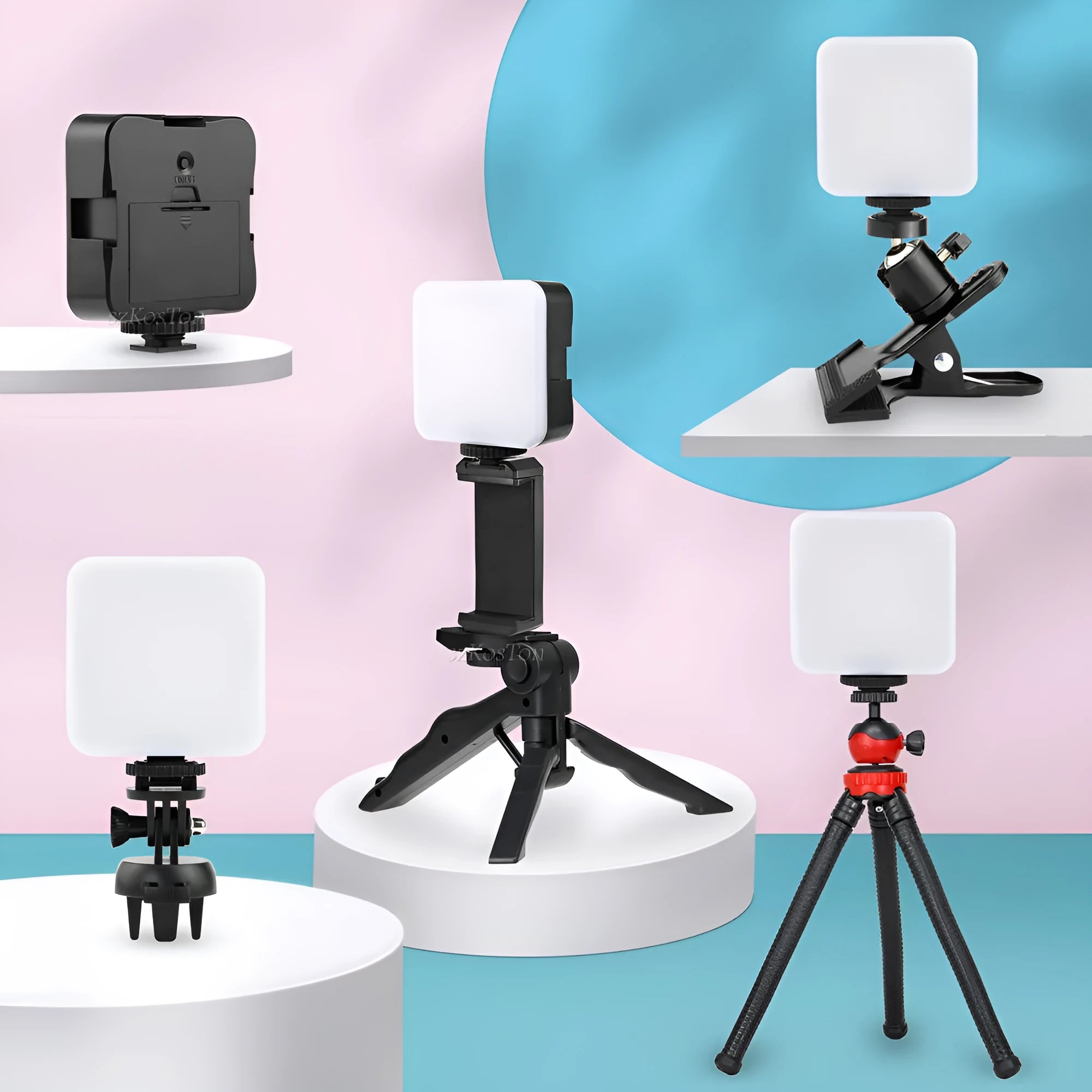 Small square LED camera flash on a mini tripod, showing rotatable head and compact size.