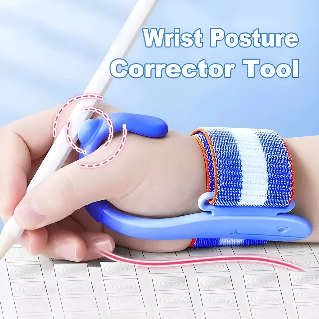 Blue Anti-hook Holder Pen Control Corrector wrist brace on a hand holding a pencil.